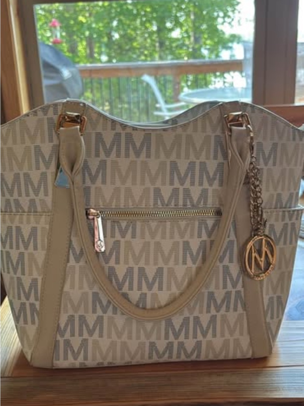 Mia K. Collection Beige Logo Tote Bag